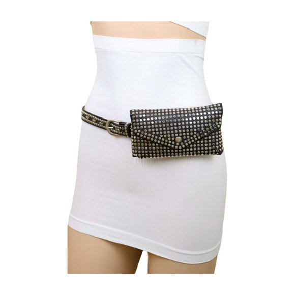 Women Black Faux Leather Skinny Belt + Wallet Bag Silver Studs Size S M z037 main image 10